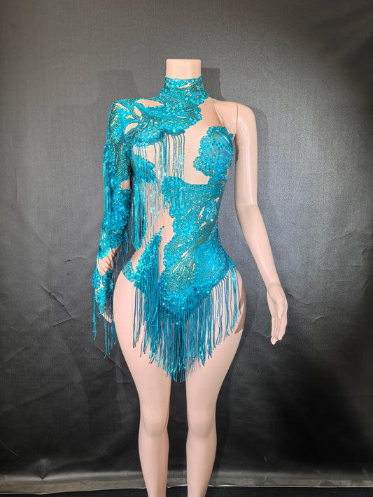 Sexy Skinny Leotard Singer Dancer Show StageWear Sparkly Blue Rhinestones Women DanceCostume Fringes One Shoulder Bodysuit