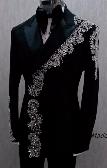 Luxuly Crystal Beads Men Suits Slim Fit Peak Lapel Groom Wedding Tuxedos 2 Pieces Sets Male Prom Blazers Customized Ropa Hombre