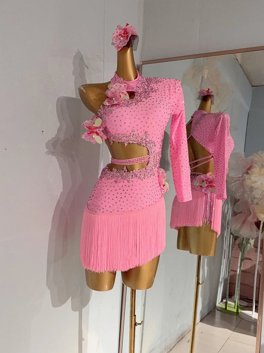 Latin Dance Competition Women's High-end Custom Pink Slim Fit Hollow Tassel Skirt Samba Performance Rhinestone Dress