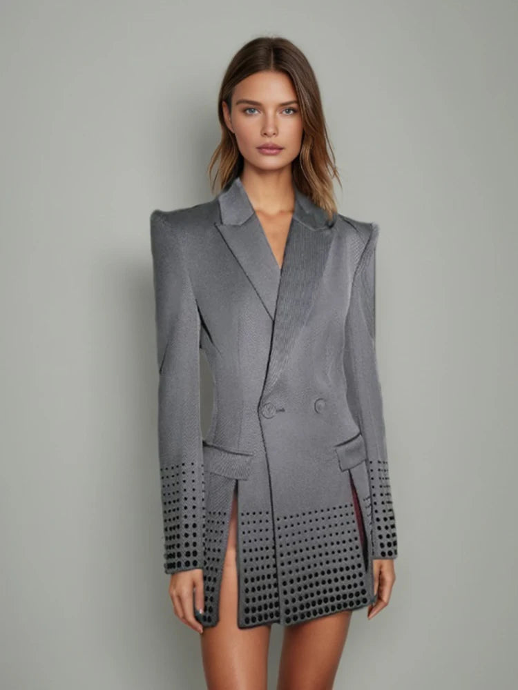 Office Patchwork Sequins Blazer for Women Notched Collar Long Sleeve Spliced Split Hem Temperament Coats Female Fashion New