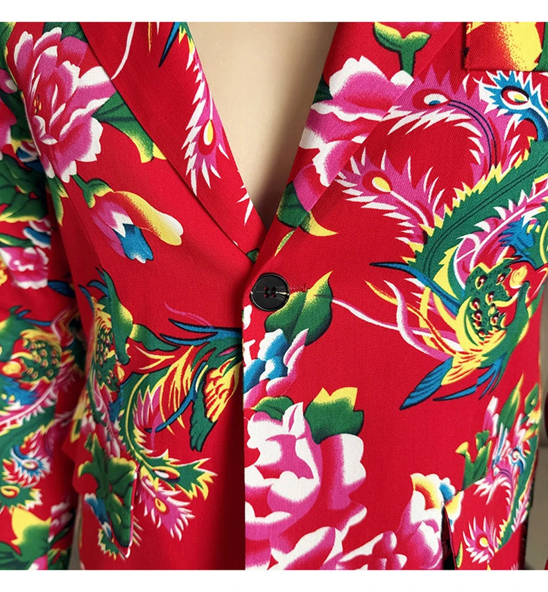 Traje de 2 piezas para hombre, estilo vintage, para fiesta, con estampado de flores grandes, estilo noreste de China, chaqueta y pantalones.