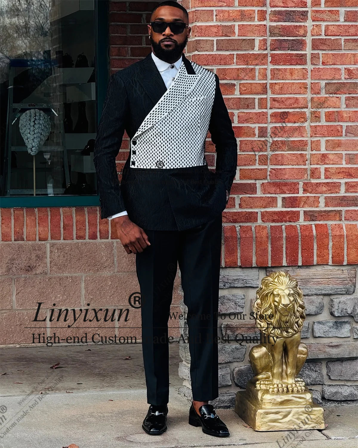 Handsome Beaded Diamond Men Suits 2 Pieces Wedding Groom Tuxedo Slim Fit Jacquard Male Prom Blazer Customized