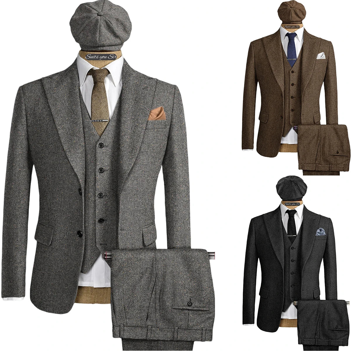 Mens Herringbone Suits 3 Pieces Wool Formal Groom Wear Work Business Customize Tuxedos Blazer Pants Vest for Wedding