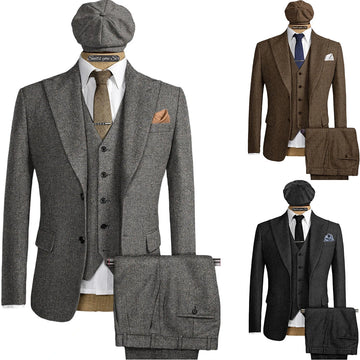 Mens Herringbone Suits 3 Pieces Wool Formal Groom Wear Work Business Customize Tuxedos Blazer Pants Vest for Wedding