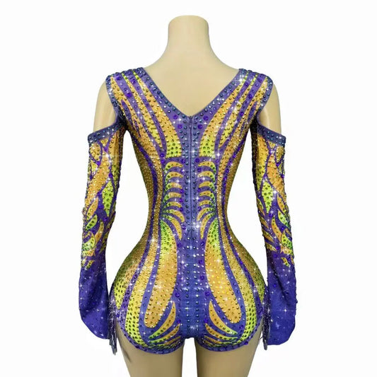 Luxury Handmade Sparkly Rhinestones Sequins Tassels Off-the-shoulder Bodysuit Women Birthday Party Show Dance Stage Wear
