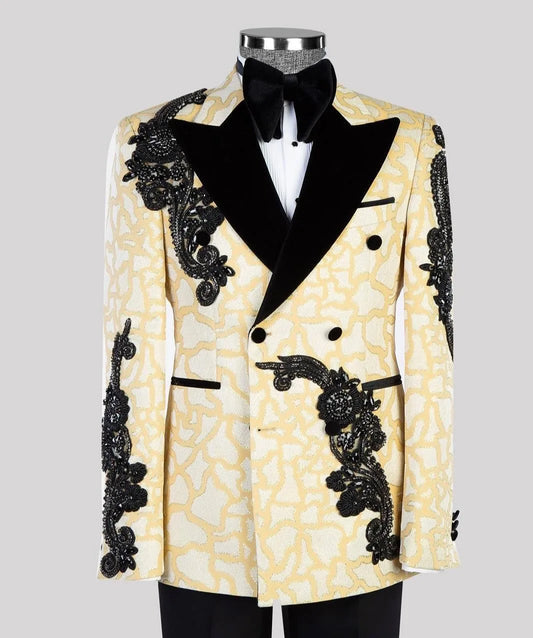 Luxury Men's Suits Appliques Beading Tailor-Made Peaked Lapel Jacket Double Breasted Blazer Groom Customized Coat Black Pants