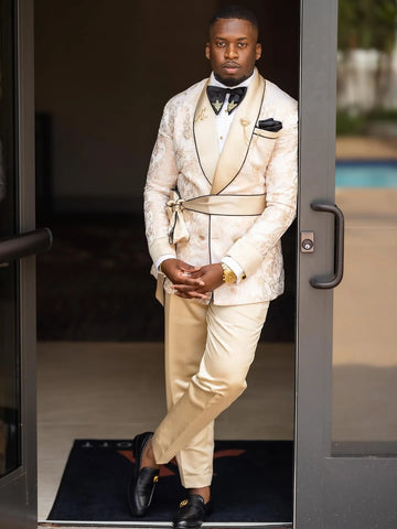 Fashion Men's Suit Jacquard Tailor-Made 2 Pieces Set Jacket Shawl Lapel Blazer Double Breasted Groom Customized Coat Pants