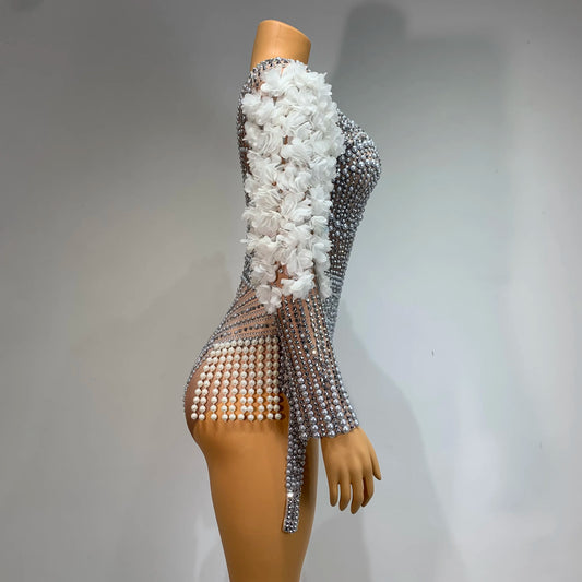 Shining Luxury Tight Bodysuit Women Sexy Pearls Rhinestone Flowers Stage Outfit Performance Dance Costume Nightclub Wear