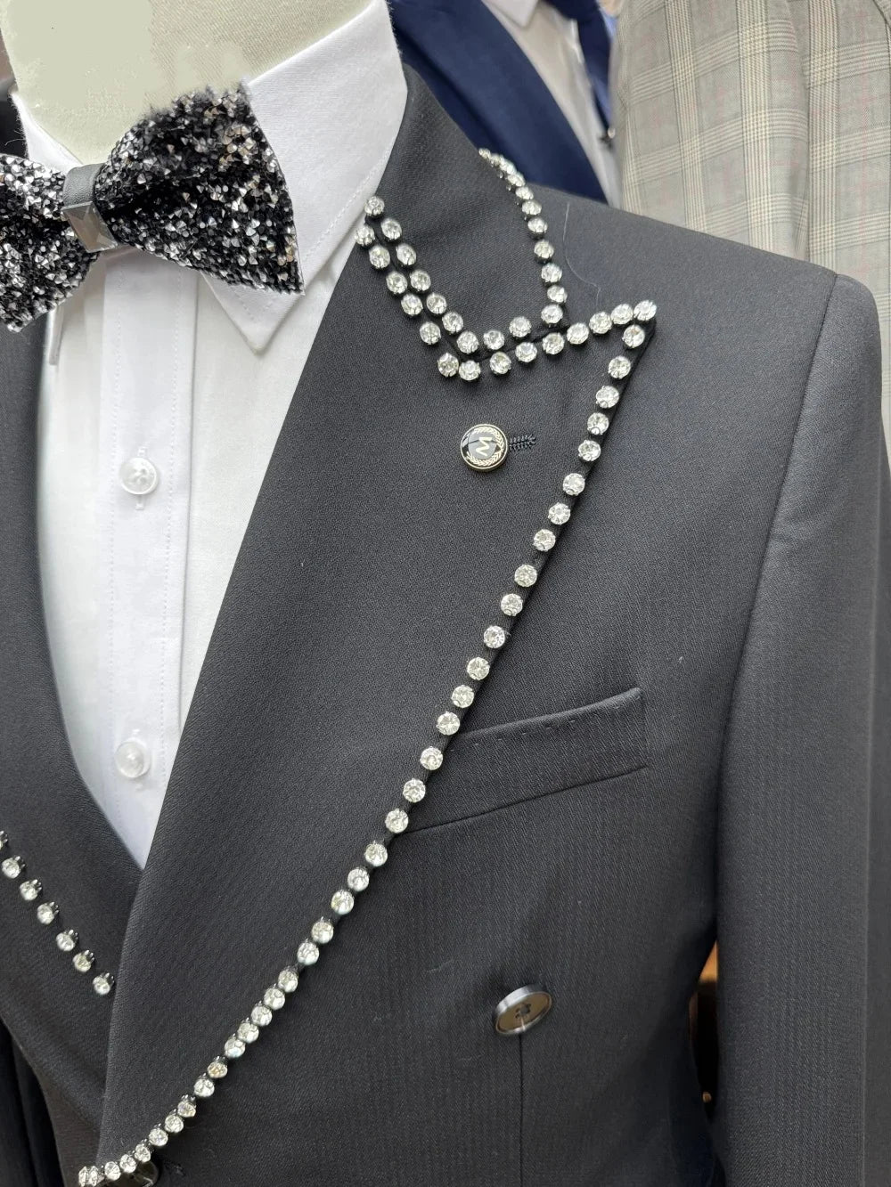 Fashion Men's Suit Peaked Lapel Jacket Rhinestone Tailor-Made 2 Pieces Set Blazer Double Breasted Customized Coat Pants