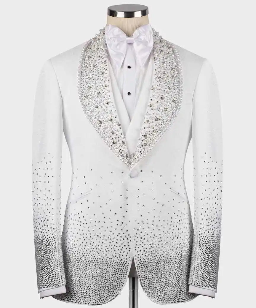 Luxurious Beaded Wedding Suits For Groom Shawl Lapel Single Breasted Tuxedos 3 Pcs Jacket Pants Vest Party Prom Customized