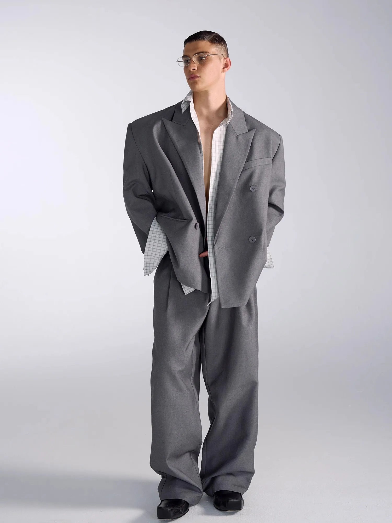Oversized Grey Blazers for Men Peaked Lapel Shoulder Pads Double Breasted