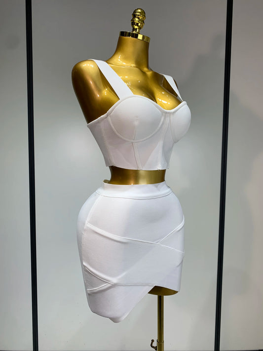 Women Sexy Top Short Skirt Bodycon Bandage Two Pieces Sets White Black Evening Party Luxury Birthday Outfit Nightclub Suits