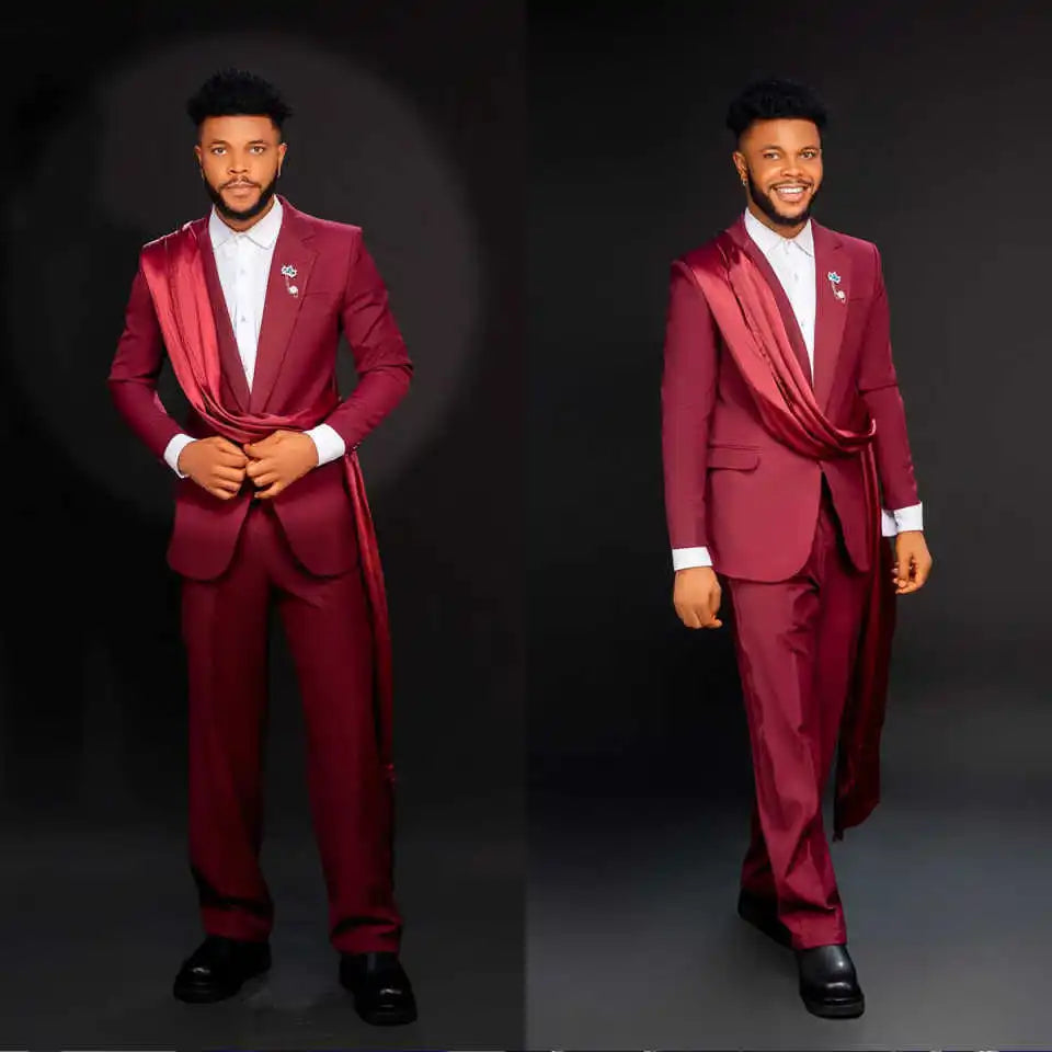 Bright Red Wedding Tuxedos 2 Piece Set Jacket Pants Notched Lapel Men Suit with Wrap One Button Party Suits Customized