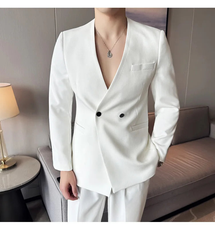 Stylish Men's Suit Coat Collarless V-Neck Solid Wear Style Slim Fit Blazer Jacket Male Black White Blue