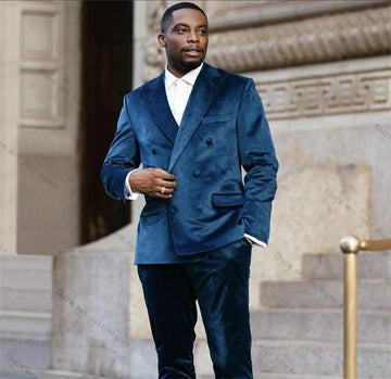 Velvet Blue Men Suit Set 2 Piece Blazer+Pants Trousers Winter Autumn Customized Formal Office Jacket Wedding Tuxedos Prom Coat
