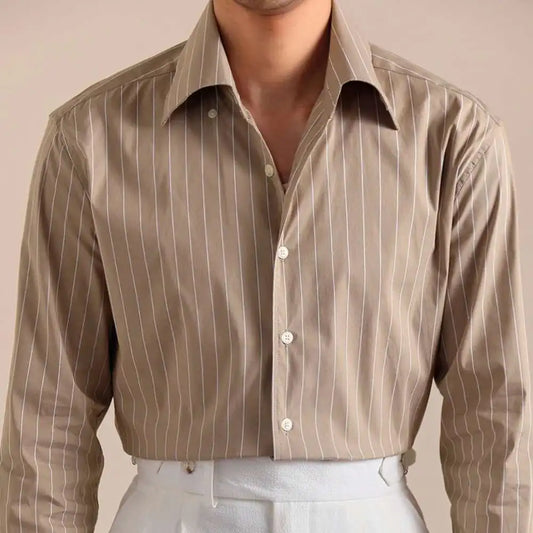 Cotton Blend Striped Casual Italian Style One Piece Collar Long Sleeved Shirt Men High Count Cotton Gentleman Business Shirt Men