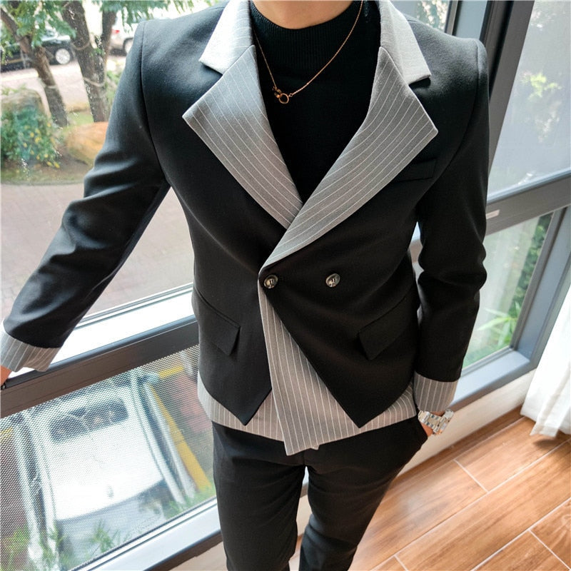 Korean Patchwork Suit 2 Piece Suit Blazer Men Suit Set Slim Fit Tuxedo Suit Blazer Suit Men Stylish Blazer Stage Party Club