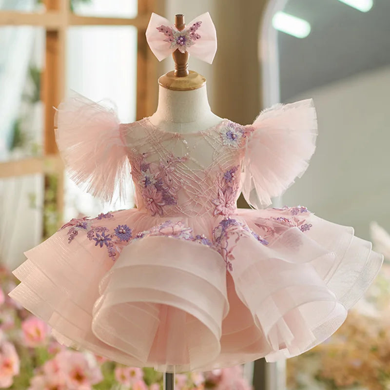 Nuevo vestido para niña pequeña, vestido para fiesta de cumpleaños, exquisito y único, falda de pastel con mangas abullonadas