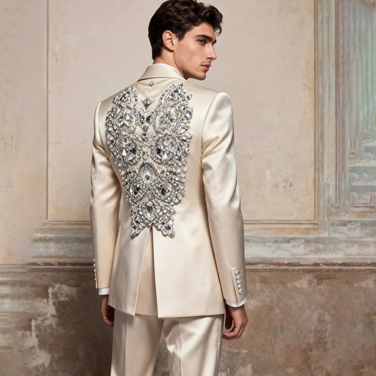 Customized Glitter Crystal Gem Men Suits Slim Fit Wedding Tuxedo Diamond 2 Piece Sets Groom Male Blazers Peak Lapel Party Homme