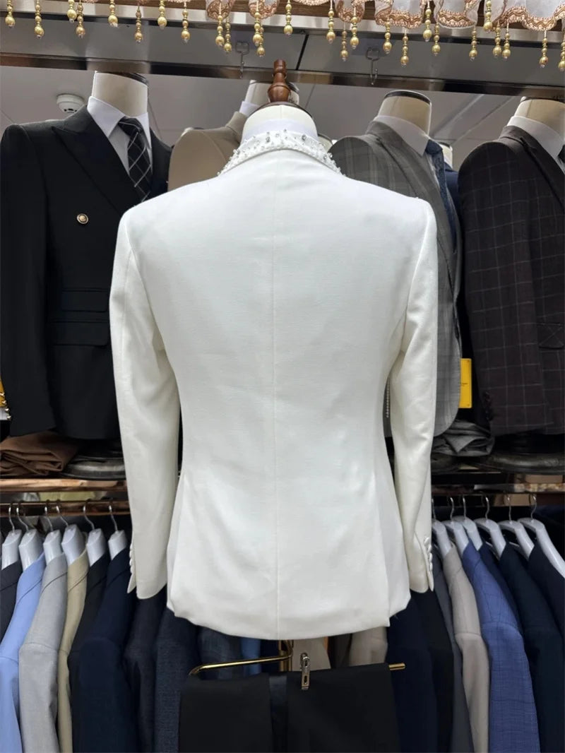 Crystals Beading White Men Suit Set 2 Piece Blazer+Black Pant Trousers Customized Formal Office Jacket Groom Wedding Tuxedo Coat