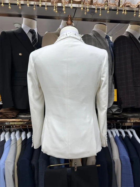 Crystals Beading White Men Suit Set 2 Piece Blazer+Black Pant Trousers Customized Formal Office Jacket Groom Wedding Tuxedo Coat