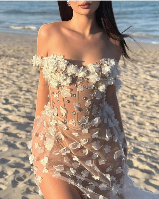 Ready Dress Women Sexy See Through Evening Dresses Sleevelss White Appliques Maxi Long Club Topic Party Dress Nightwears Costume