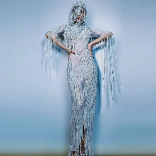 Fashion Women Festival Costume Fringed Sleeves Evening Dresses Tassels Hat Singer Stage Catwalk Outfit Jazz Clothing