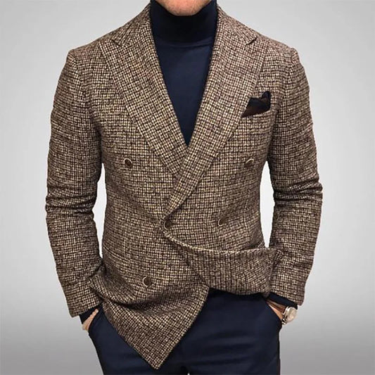 Autumn Men Blazers Slim Fit Plaid Suits Jackets Male Long Sleeve Double-breasted Outerwear Business Casual Coats