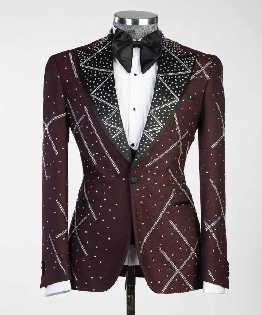 Modern Wedding Groom Tuxedo 2 Piece Blazer Pant Single Breasted Crystals Formal Occasions Party Banquet Customized