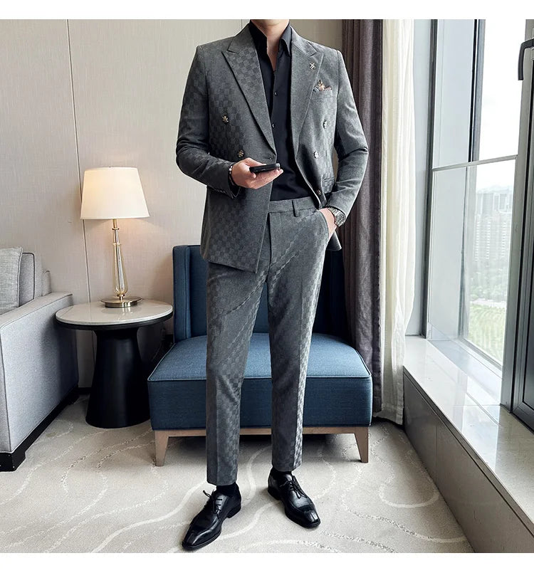 Elegant Double-Breasted Navy Checker Suit for Men – Custom Tailored Business & Wedding Attire, Stylish Formalwear Set
