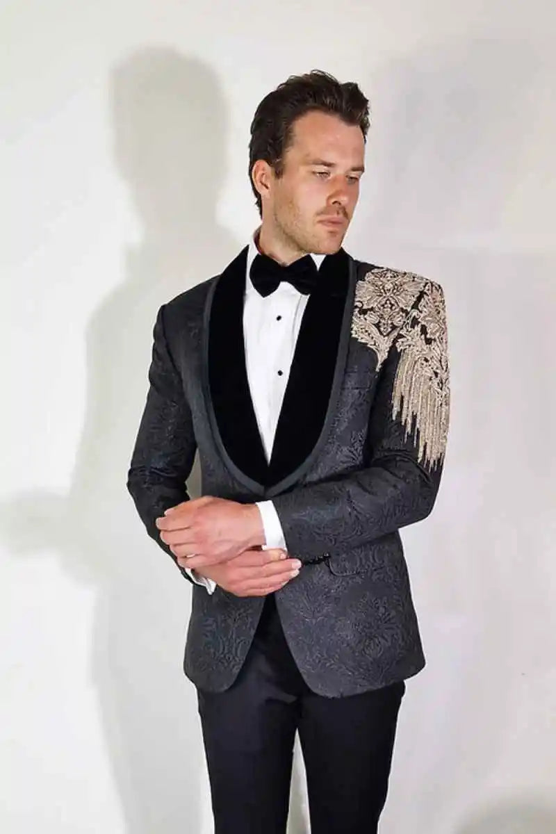 Royal Wedding Tuxedos Beading Jacquard Men Suit Shawl Lapel 2 Piece Set Jacket Pants Formal Groom Business Blazers Customized