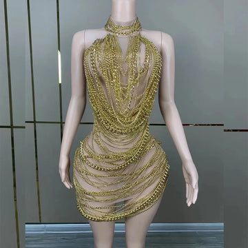 Sexy Luxury Dress Women Shiny Gold Chain Dress Silver Stage Talent Performance Dress Birthday Celebration Party Dance Dress