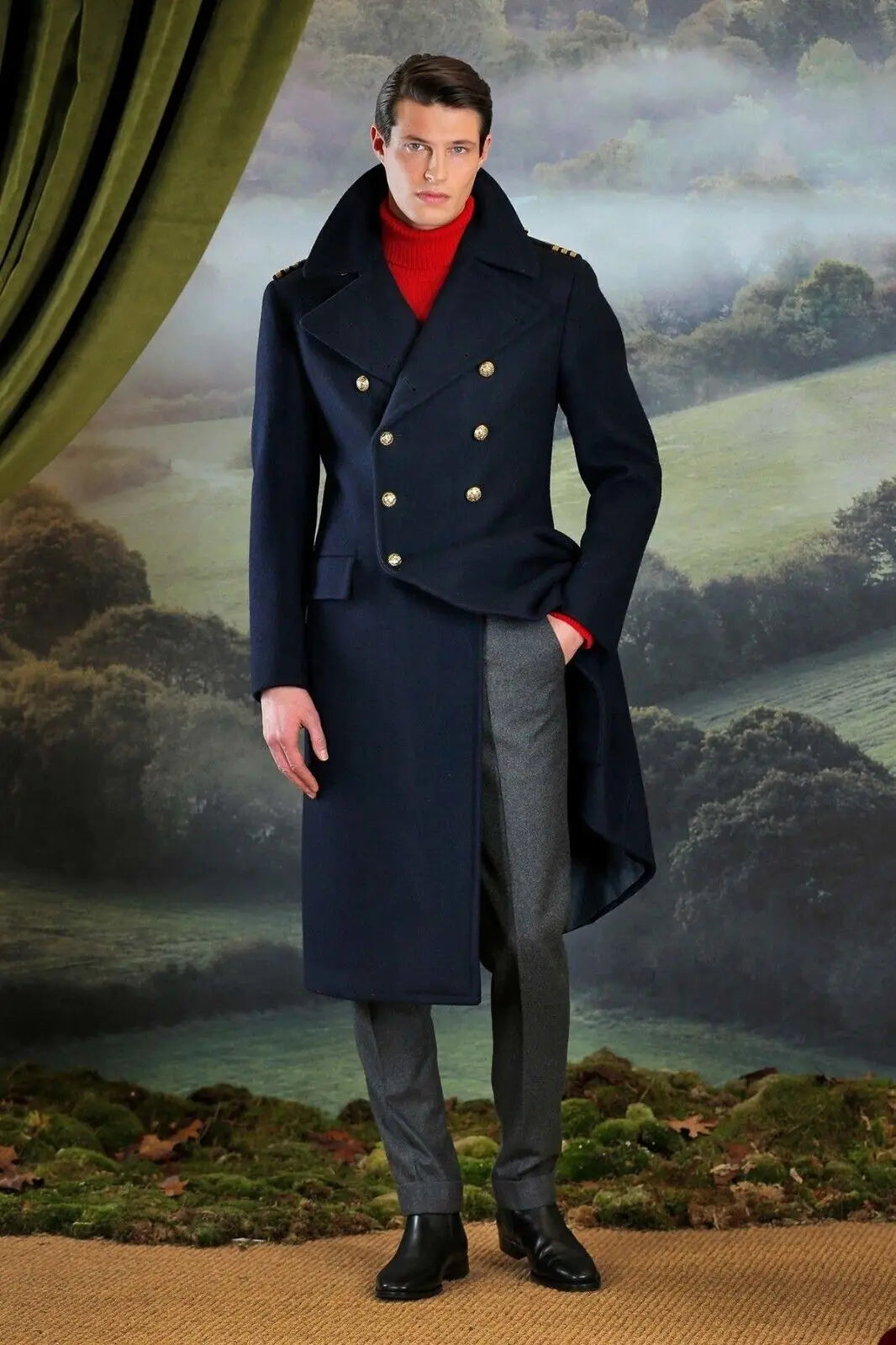Manteau d'automne classique bleu foncé pour homme, veste longue, manteau croisé épais, smoking de mariage 