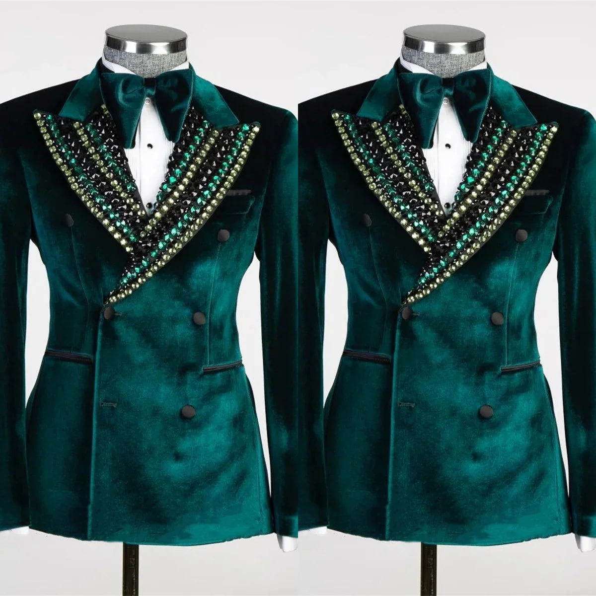 Vintage Men Suits Wedding Peaked Lapel Crystal Blazer 2 Pieces Set Tuxedo Groom Coat Customized Jacket Black Pants