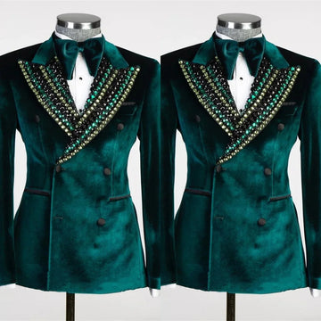 Vintage Men Suits Wedding Peaked Lapel Crystal Blazer 2 Pieces Set Tuxedo Groom Coat Customized Jacket Black Pants