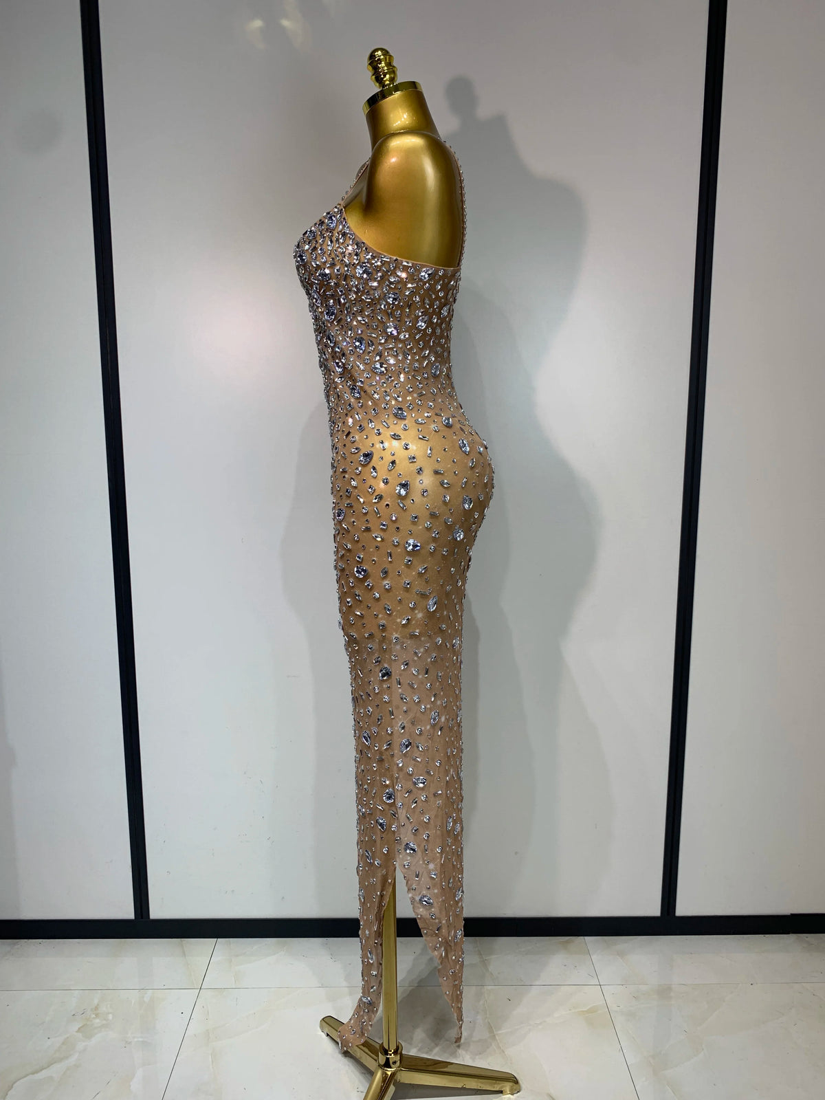 Luxury Rhinestones Sexy Mesh See Through Bodycon Dress Women Birthday Evening Cocktail Party Gown Red Carpet Club Stage Outfit