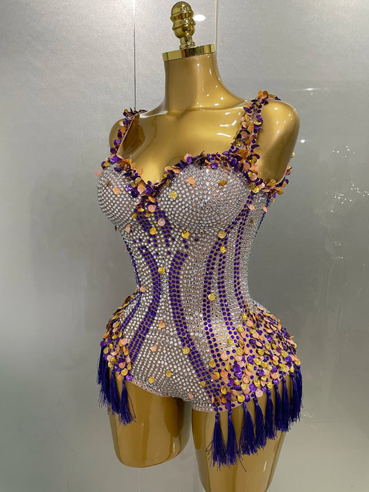 Luxury Sparkly Rhinestone Sequins Shell Tassel Sleeveless Bodysuit 2025 New Women Evening Birthday Party Singer Sexy Stage Gowns