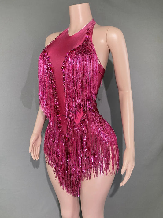Body à paillettes et franges rose vif scintillant pour femme, costume de danse sexy dos nu, tenue de spectacle sur scène