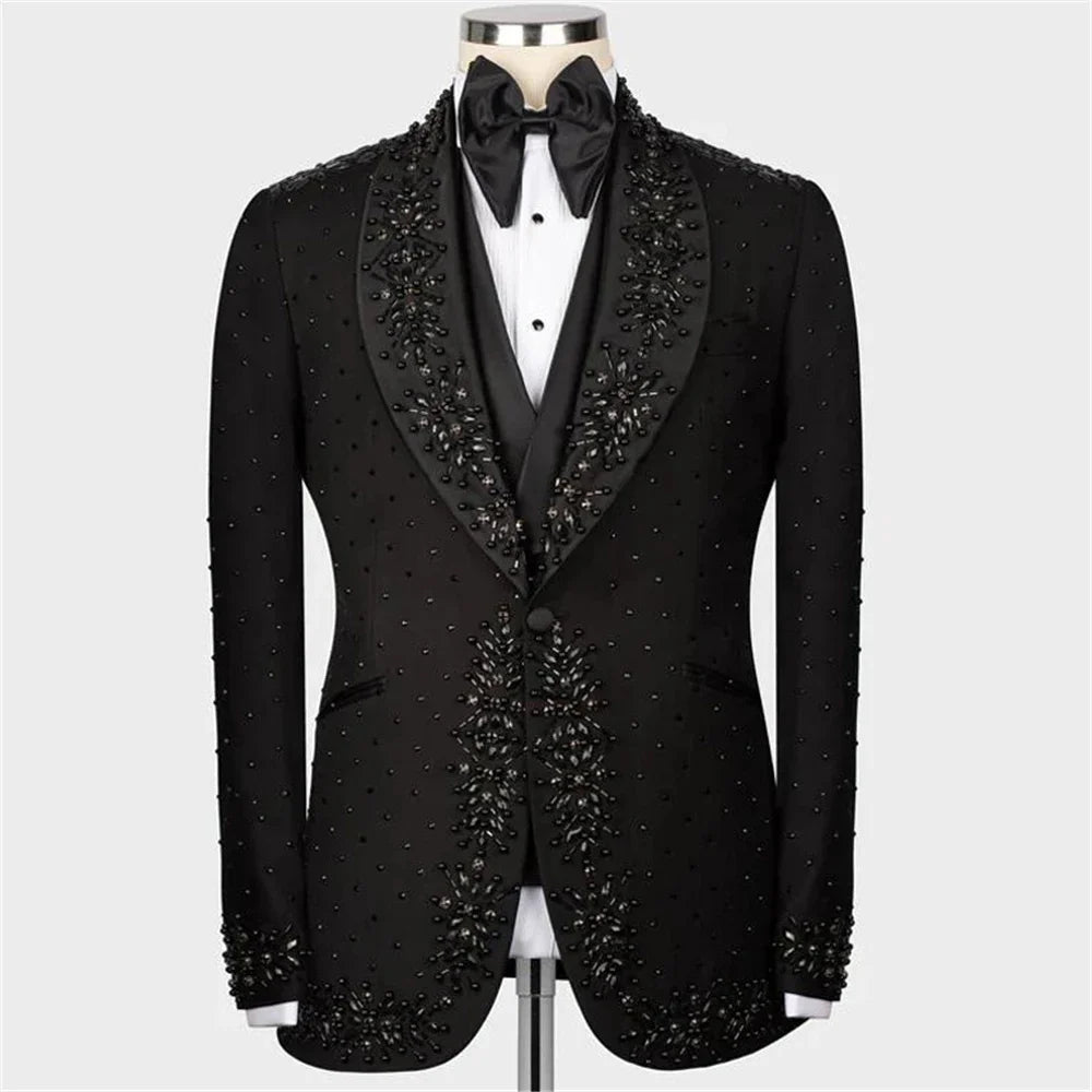 Fashion Wedding Men Suits 2 Pieces Groom Blazer Pants One Button Tuxedo Beadings Pearls Formal Diamonds Prom Suit for Party