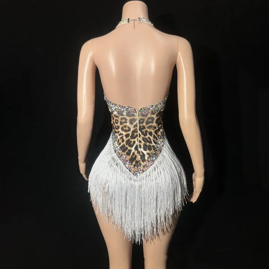 Women Sexy Sparkly Rhinestones Tassel Leopard Print Bodysuit Backless Performance Dance Costume Singer Dancer Wear Club Outfit
