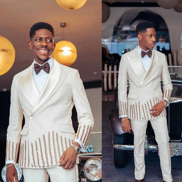 Customized Gem Men Suits Slim Fit Wedding Tuxedo Double Breasted Diamond 2 Piece Sets Groom Male Blazers Peak Lapel Party Homme