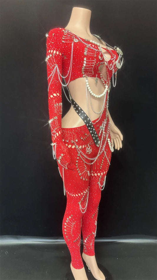 Combinaison ajourée à perles rouges scintillantes pour femme, tenue de fête d'anniversaire, sexy, asymétrique, tenue de danse, tenue de scène