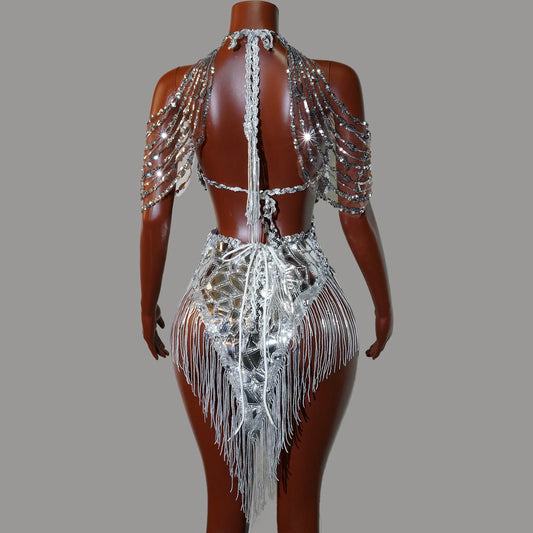 Glamorous Shiny Silver High Neck Off Shoulder Chain Embellished Geometric Patchwork Tassel Hem Bodysuit Mini Evening Garment