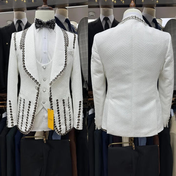 Handsome Men Suits Tailor-Made 3 Pieces Beaded Shawl Lapel Herringbone Jacket Blazer One Button Groom Customized Coat Vest Pants