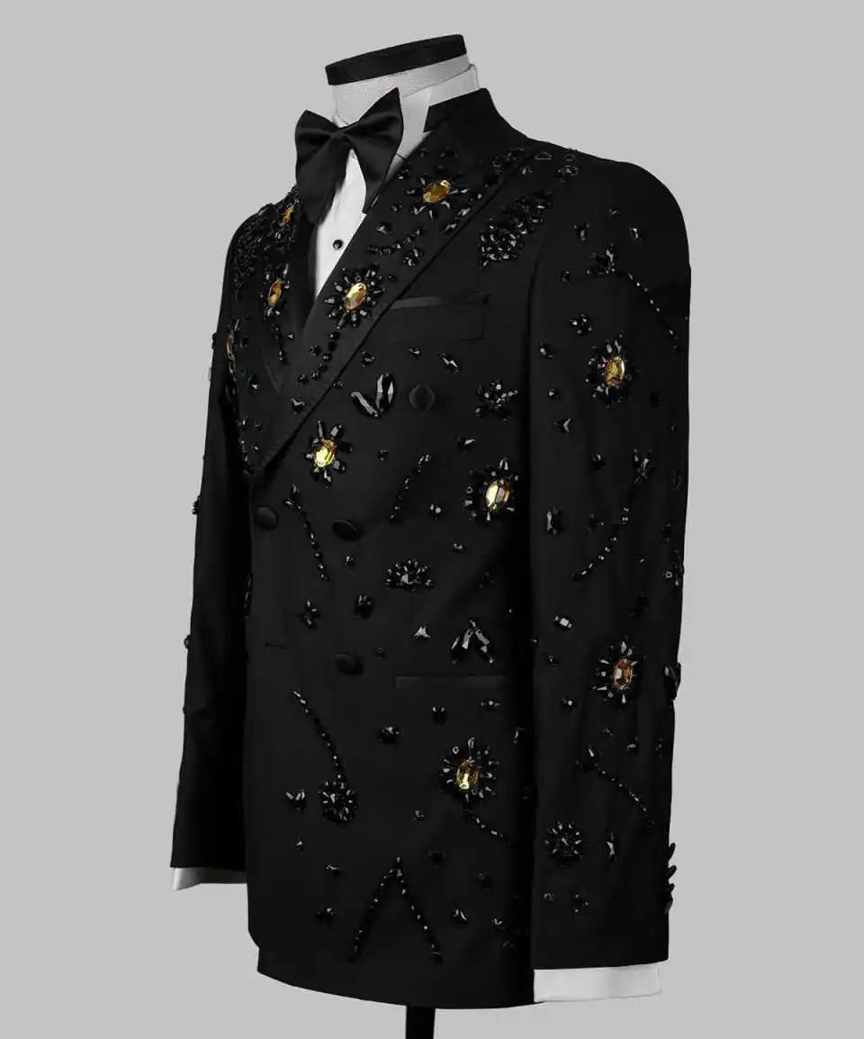 Luxurious Beaded Wedding Tuxedos Crystal 2 Piece Set Jacket Pants Men Suits Double Breasted Groom Wear Party Suit Customized