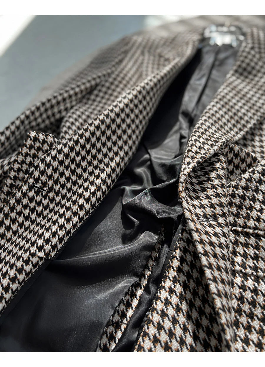 Houndstooth Woolen Blen Dplaid Retro Casual Men's Coat Slim Long Sleeve Belt Suit 2PC