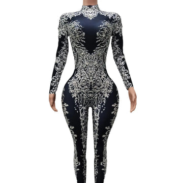 Fashion Jumpsuit Long Sleeves Print Rhinestones Leotard Dance Costume Playsuit Women Sexy Birthday Party Club One Piece Bodysuit