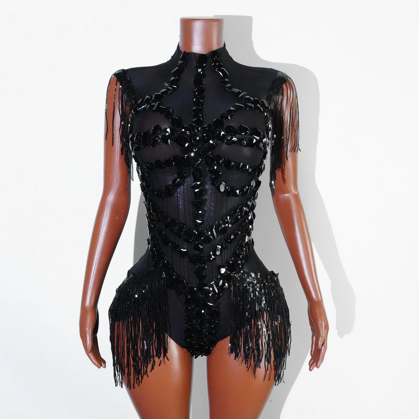 Body sexy en maille transparente noire avec strass pour chanteuse, danseuse, spectacle, tenue de scène, fête, boîte de nuit, performance