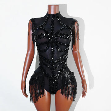 Body sexy en maille transparente noire avec strass pour chanteuse, danseuse, spectacle, tenue de scène, fête, boîte de nuit, performance