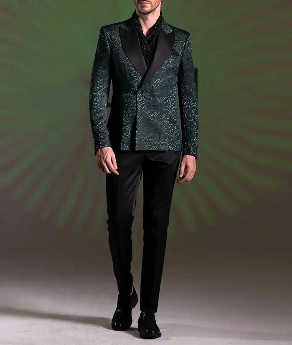 Elegant Jacquard Men's Suits 2 Pieces Blazer Pants Peaked Velvet Lapel One Button Wedding Slim Fit Custom Made Plus Size